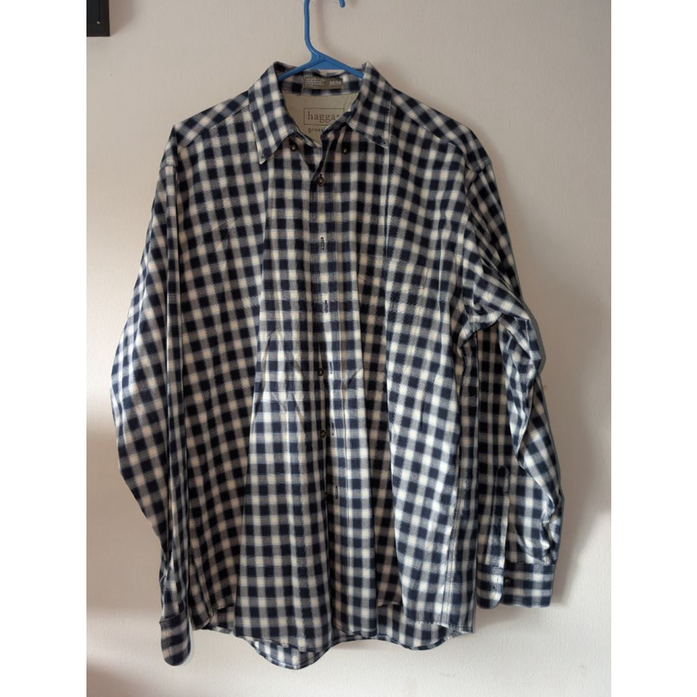 Haggar Men's Navy White Plaid Button Down Shirt Medium